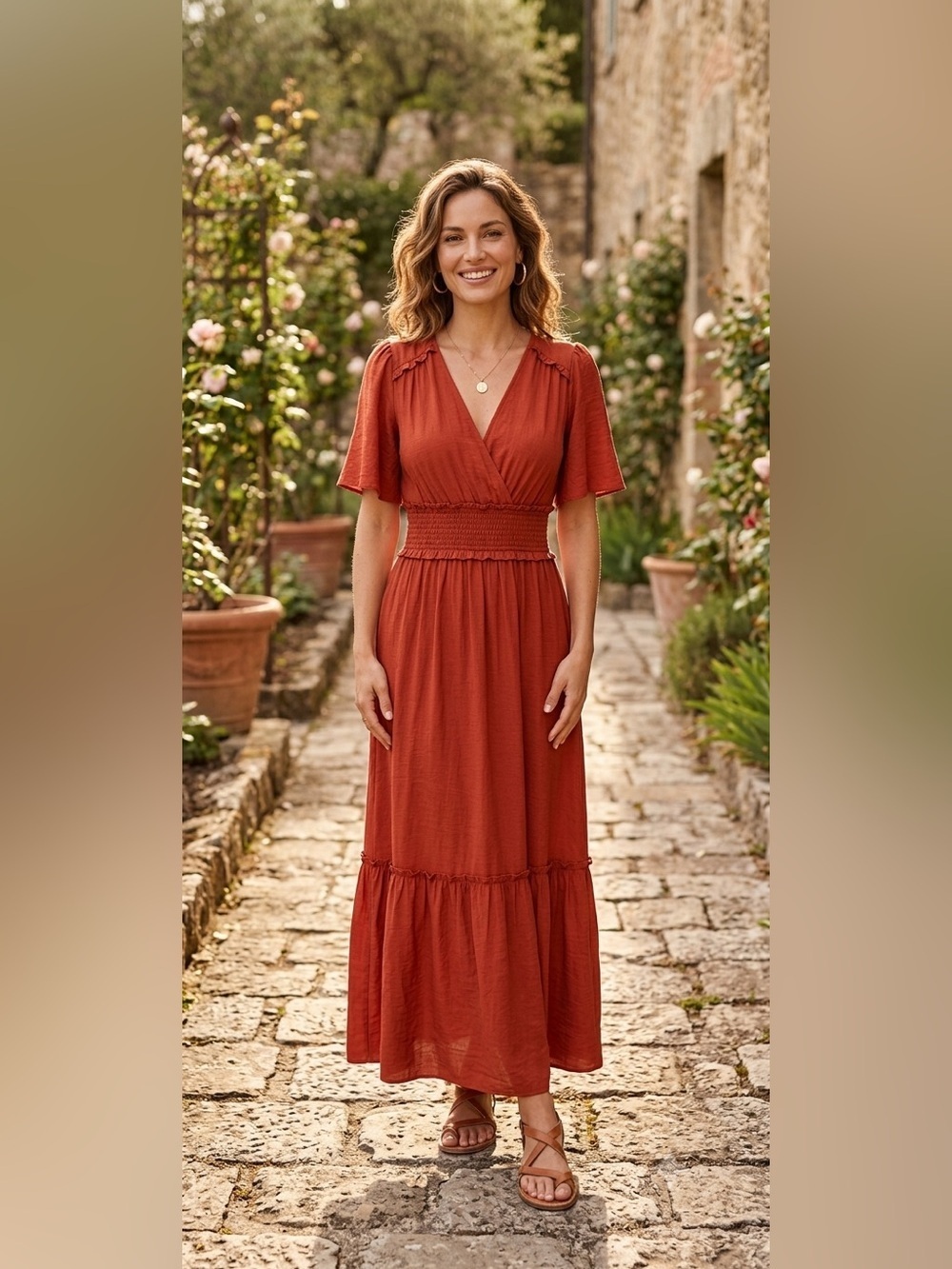 Baltic Born Jules maxi dress Sz S Smocked Rust Red chiffon Short Flutter sleeve